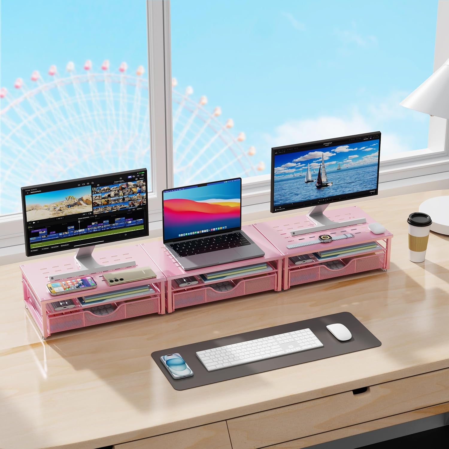Computer Monitor Stand Riser, Office Organizer with Drawer, Office Organizers Storage for Classroom Office Supplies (Pink)