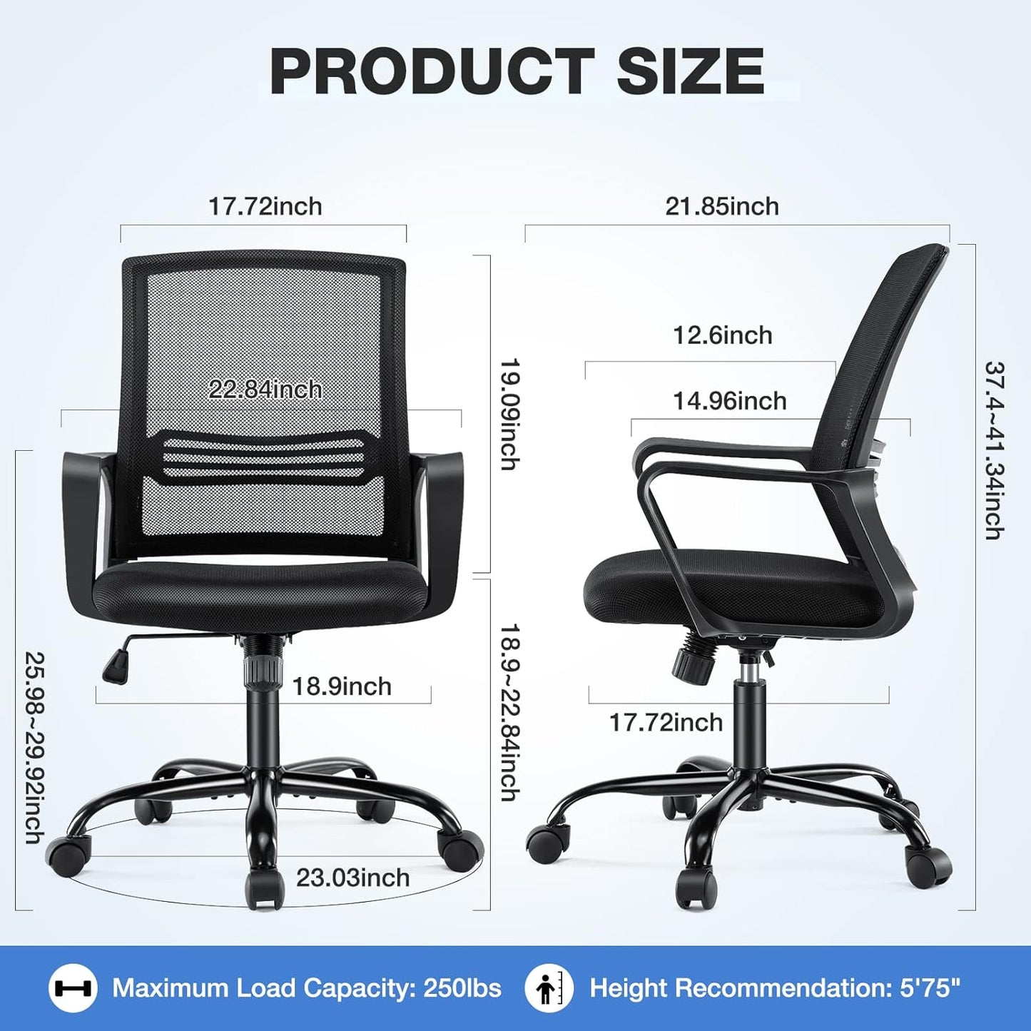 Office Chair - Ergonomic Office Chair Mid Back Office Desk Chair with Wheels Computer Chair with Lumbar Support Home Office Chair with Armrests for Adults, Black