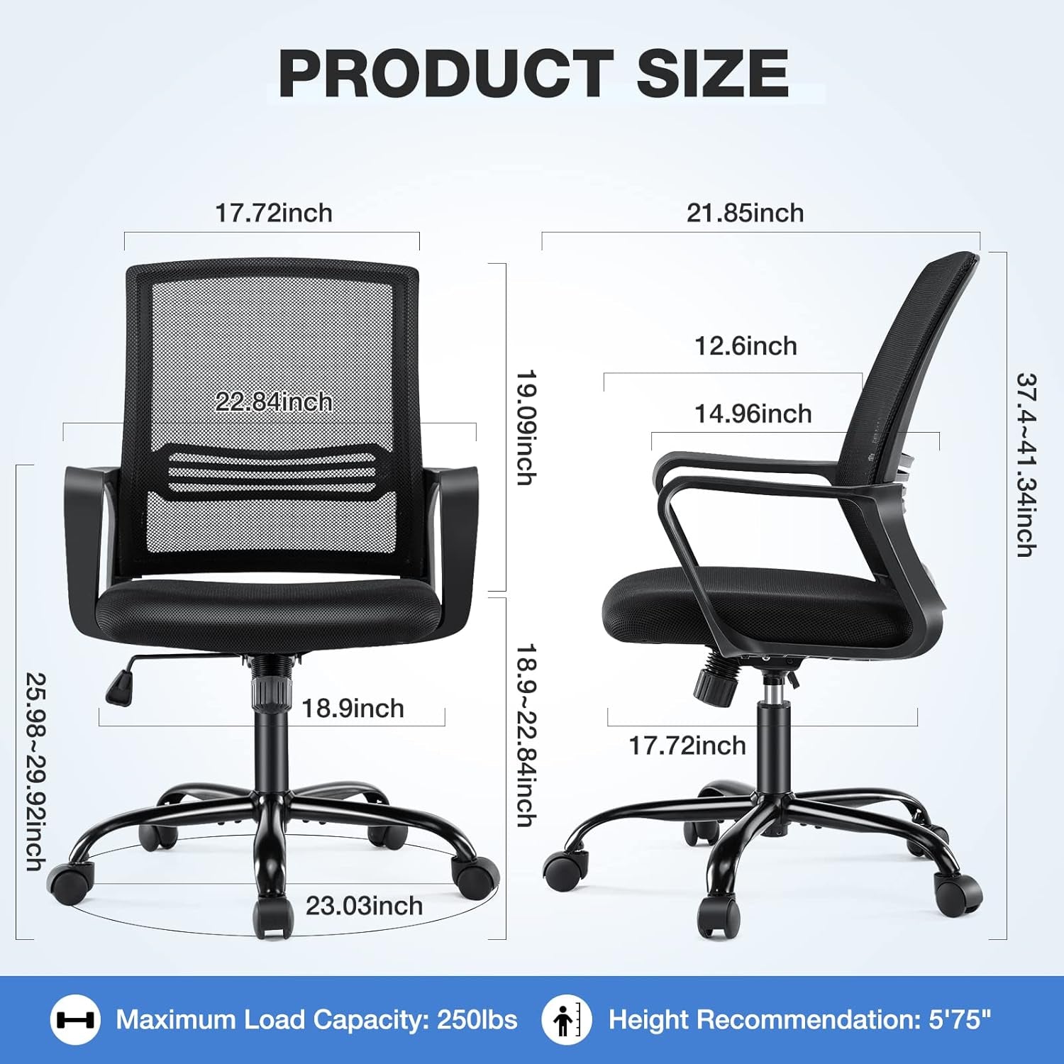 Office Chair - Ergonomic Office Chair Mid Back Office Desk Chair with Wheels Computer Chair with Lumbar Support Home Office Chair with Armrests for Adults, Black