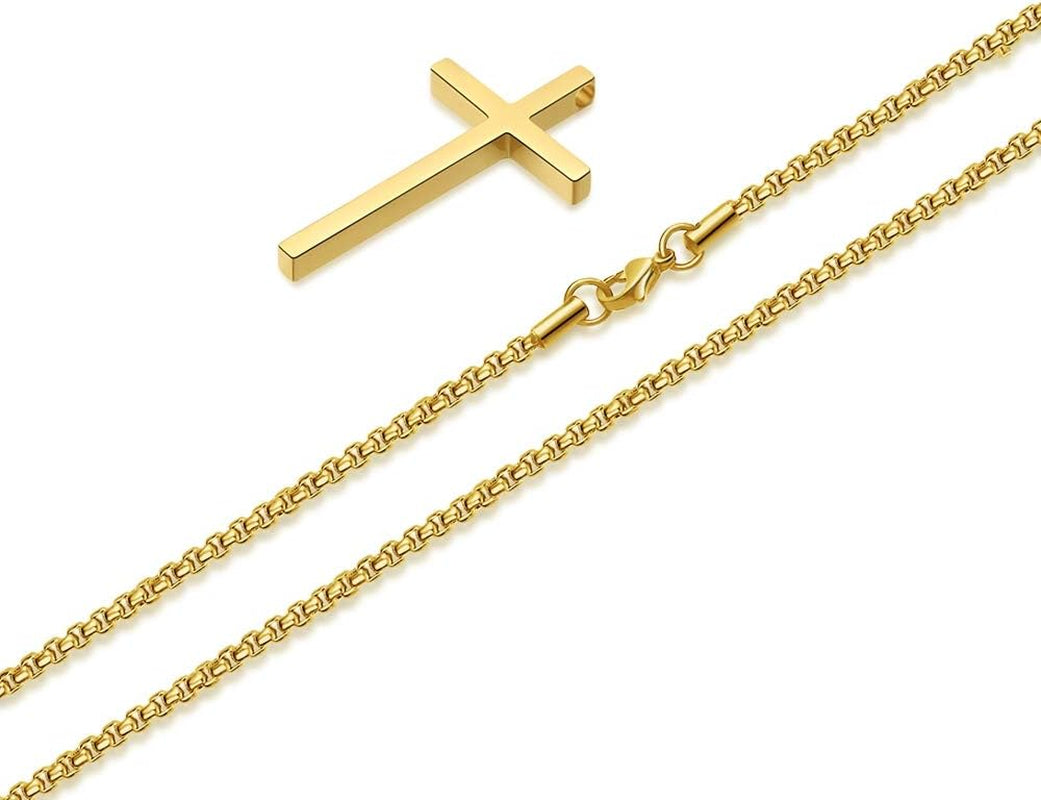 Cross Necklace for Men Teen Boys, Silver Black Gold Stainless Steel Plain Cross Pendant Necklace Box Chain 16-30 Inch