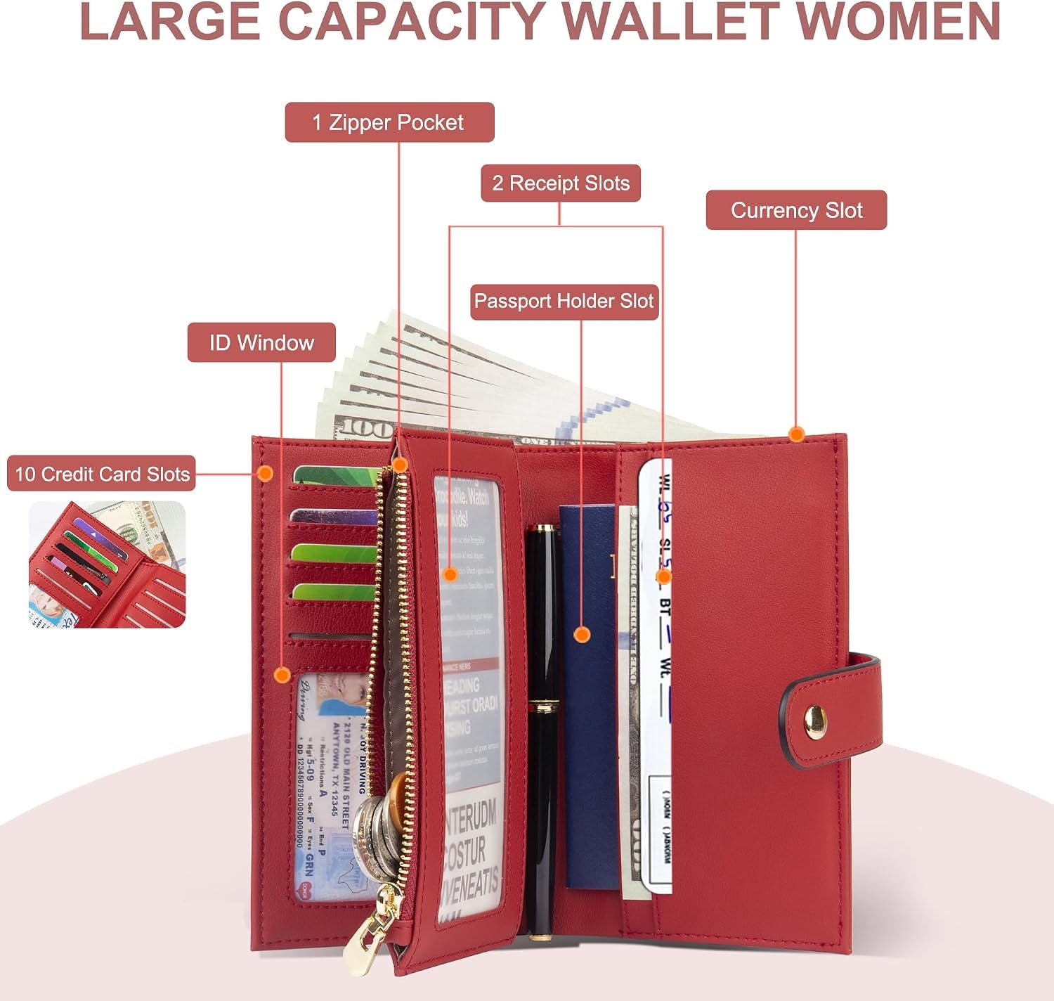 Womens Wallet RFID Blocking Leather Trifold Clutch Wallet Credit Card Holder Ladies Travel Wallet Purse with Pen Holder