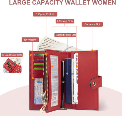 Womens Wallet RFID Blocking Leather Trifold Clutch Wallet Credit Card Holder Ladies Travel Wallet Purse with Pen Holder