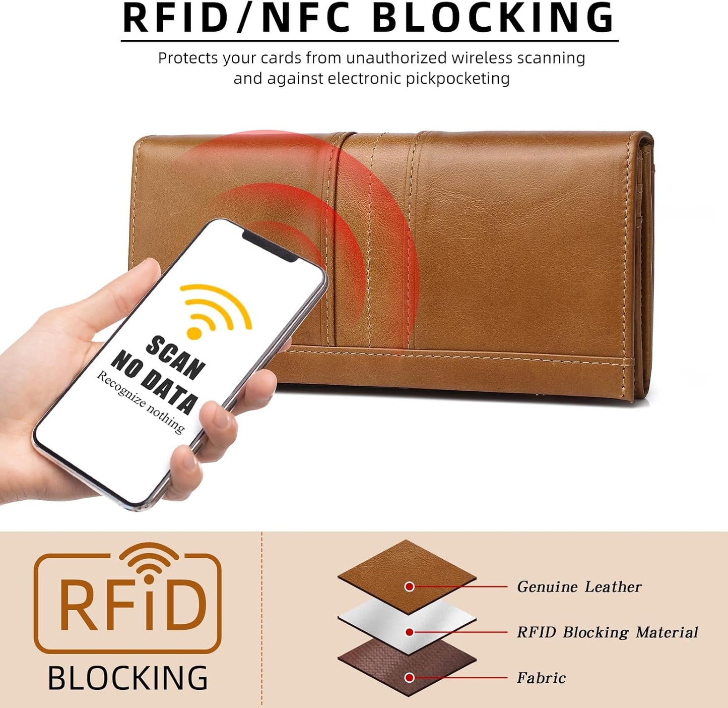 RFID Blocking Wallets for Women Leather Long Ladies Wallet Bifold Womens Wallet with Coin Pocket ID Window,Brown