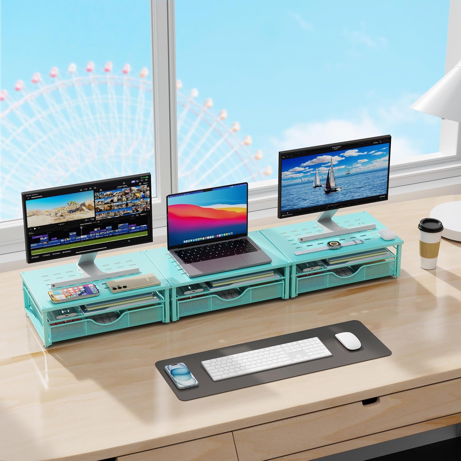 Computer Monitor Stand Riser, Office Organizer with Drawer, Office Organizers Storage for Classroom Office Supplies (Blue)