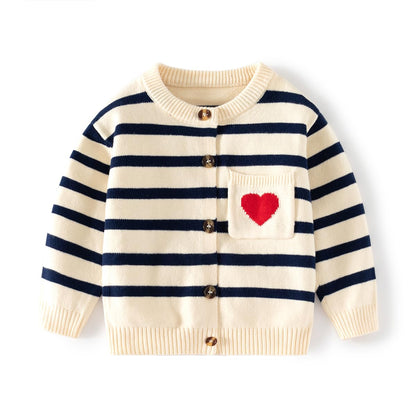 Generic Cute Striped Love Pocket Toddlers Boys Girls Sweater Long Sleeved Knitted Kids Cardigan Sweater Warm Clothing (US Age 4 Years 5 Years Beige)