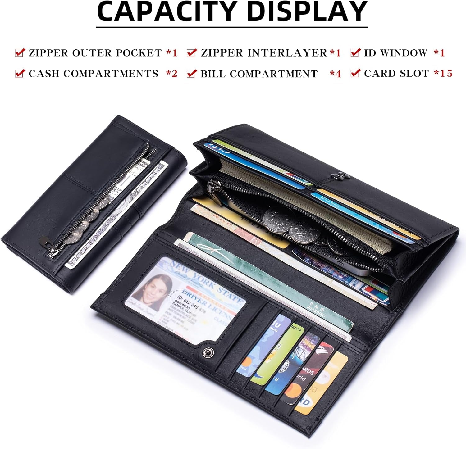 RFID Blocking Wallets for Women Leather Long Ladies Wallet Bifold Womens Wallet with Coin Pocket ID Window,Black