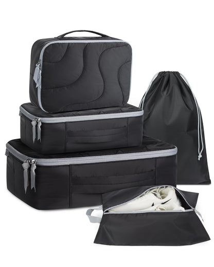 BAGSMART Puffy Packing Cubes for Travel Ultra-Light 5 Set Travel Bags Organizer for Women Quilted Wave Pattern Luggage Organizers for Suitcases Black