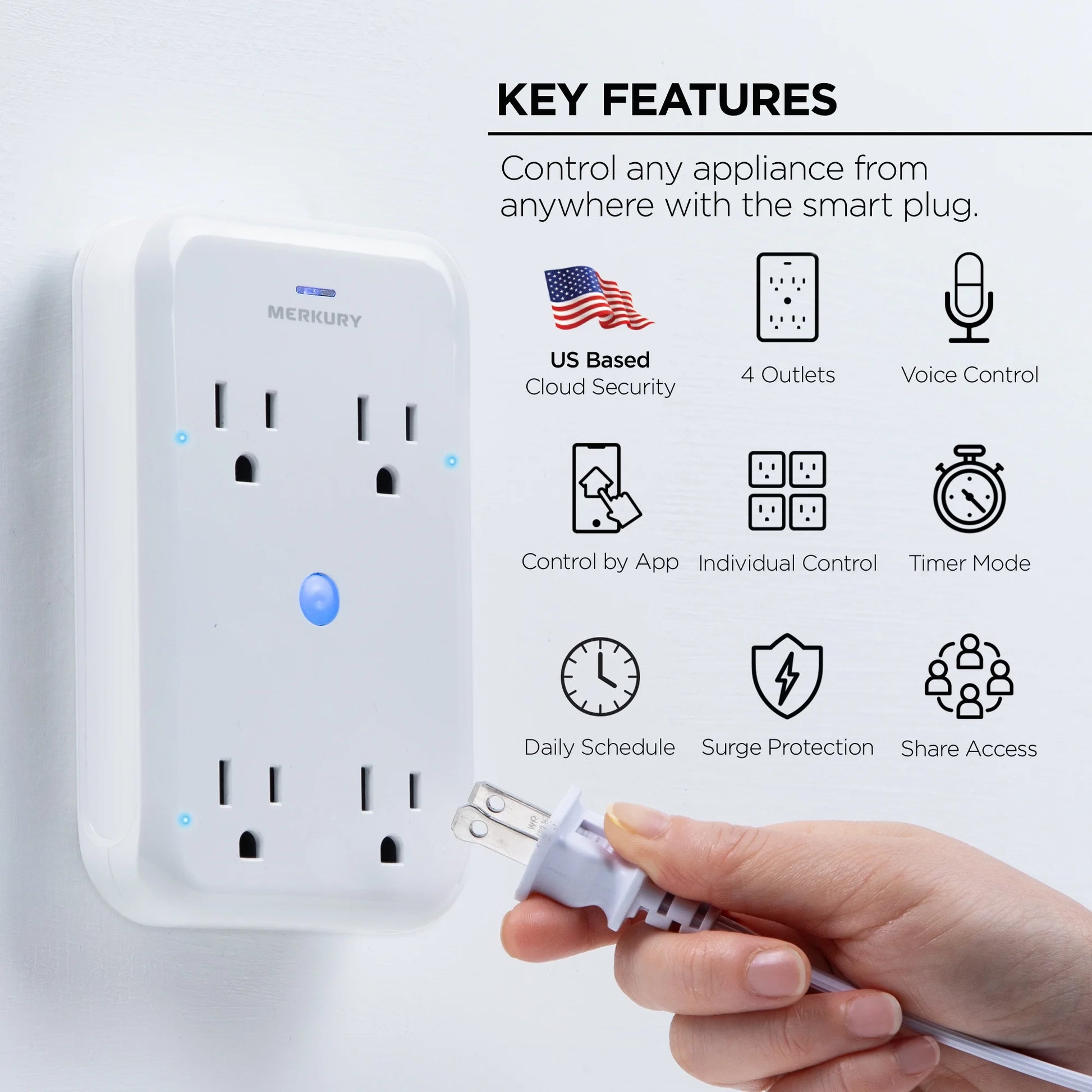 Merkury Innovations Smart 4-Outlet Wall Extender, 15A 1800W, Wi-Fi Enabled, Works with Alexa & Google Assistant – White