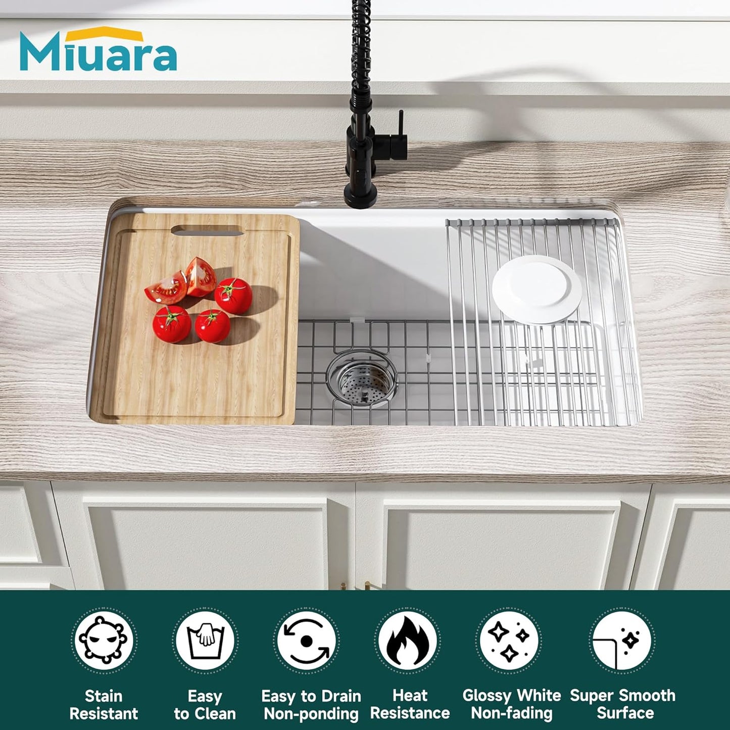 White Undermount or Drop in Workstation Kitchen Sink 33 X 19 Inch | for Kitchen, Fireclay Large Single Bowl, Dual Mount: under or Top Mount, Resistant to Stain, Heat, Chipping & Scratchs