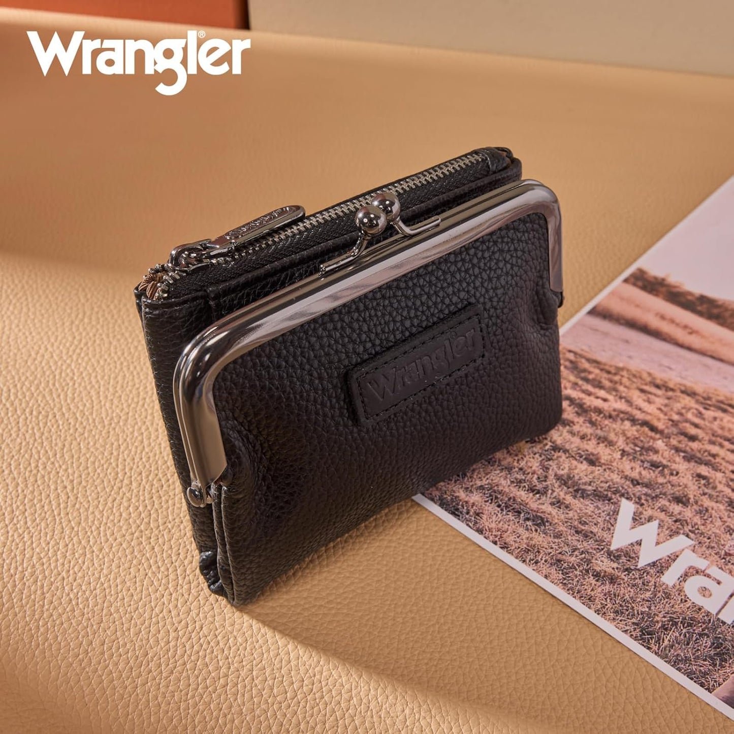 Wrangler Women'S Wallet RFID Blocking Wallets Small Bifold Credit Card Holder with Kiss Clasp Black