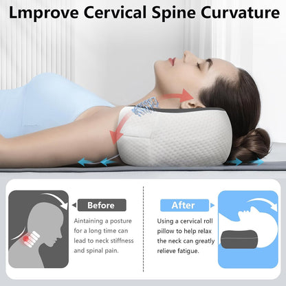 Cervical Neck Roll Pillow, Say Goodbye to Neck Pain, Travel Neck Support Pillow for Side Sleepers, Ergonomic Memory Foam Camping Pillow, Cervical Traction Device with Storage Bag