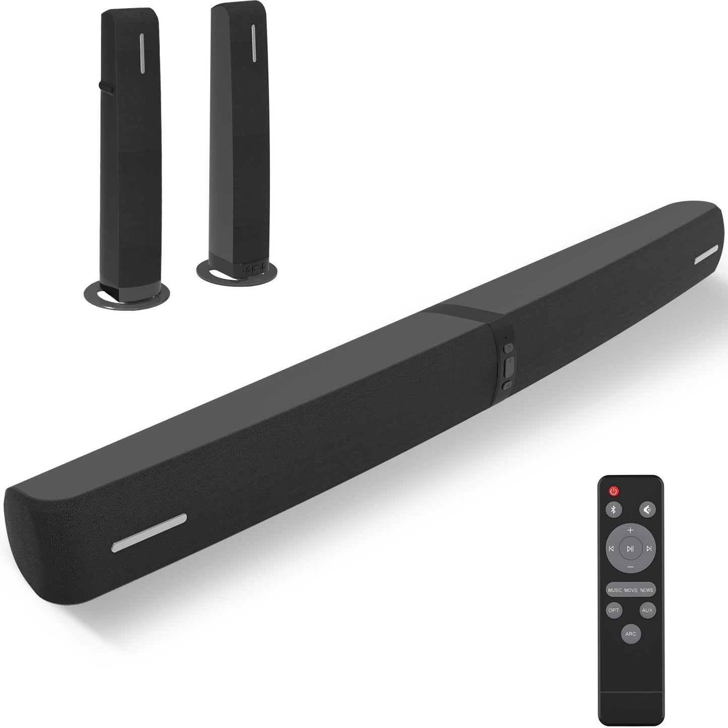 Assistrust Sound Bar 90W Sound Bar for Smart TV Bluetooth Soundbar with Wired & Wireless Connect Dynamic Volume Boost ARC/Optical/AUX Cables & Remote 2 in 1 Detachable Soundbar for TV