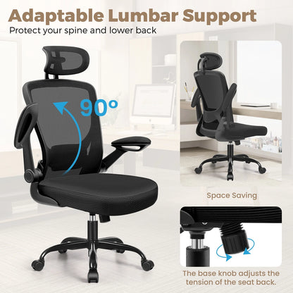 Office Chair Ergonomic Desk Chair, High Back Office Chair with Headrest, Big and Tall Comfy Home Office Desk Chair Lumbar Support Breathable Mesh Office Chair, Black
