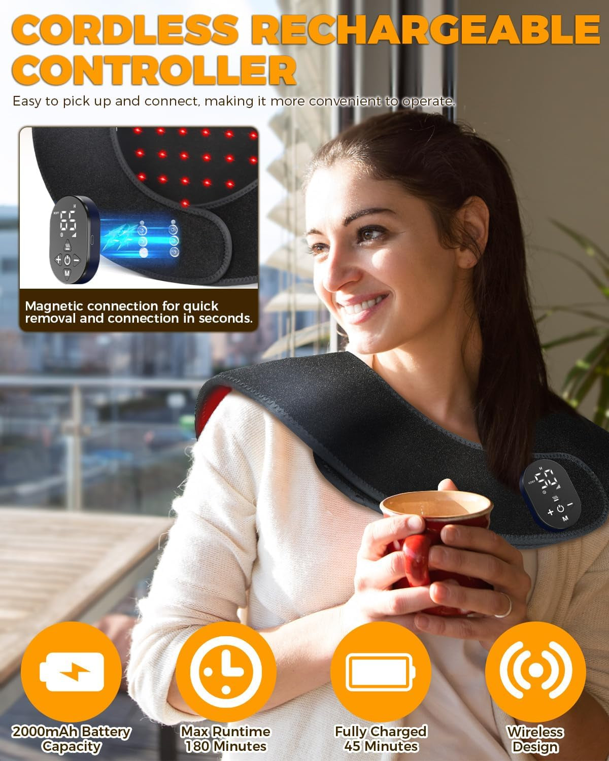 Red Light Therapy for Neck Shoulder with Vibration Massage, 660Nm & 850Nm Infrared Light Therapy Wrap, Cordless Portable Rechargeable Red Light Therapy for Shoulder (Black)