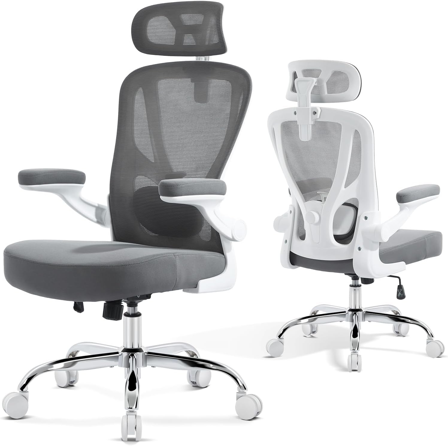 Office Chair Ergonomic Office Chair with Lumbar Support, Head Support, Rocking Function, Filp-Up Armrests, Mesh High Back Chair Home Office Desk Chair, Suitable for Home, Office, Grey