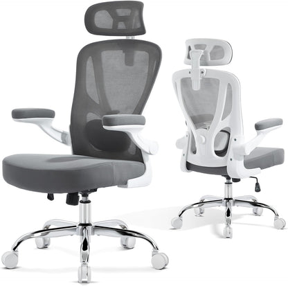 Office Chair Ergonomic Office Chair with Lumbar Support, Head Support, Rocking Function, Filp-Up Armrests, Mesh High Back Chair Home Office Desk Chair, Suitable for Home, Office, Grey