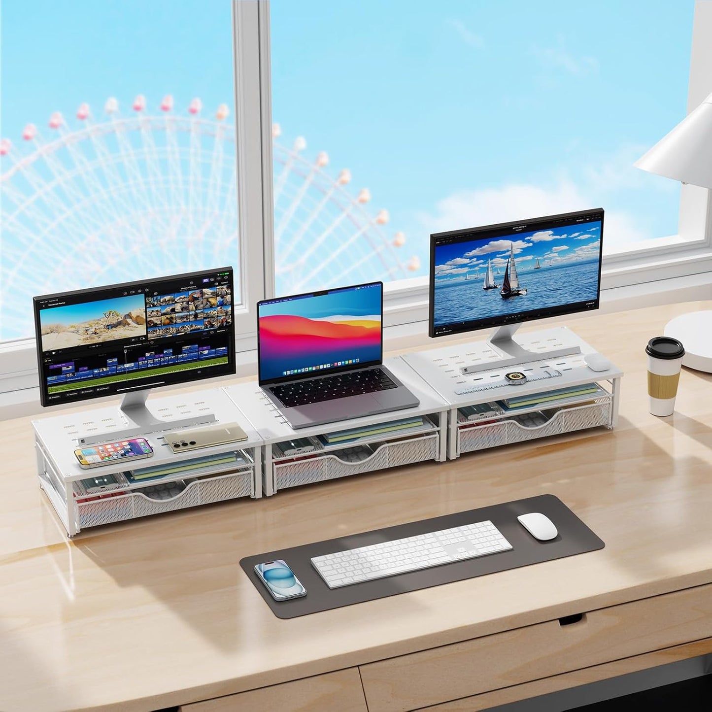 Computer Monitor Stand Riser, Office Organizer with Drawer, Office Organizers Storage for Classroom Office Supplies (White)