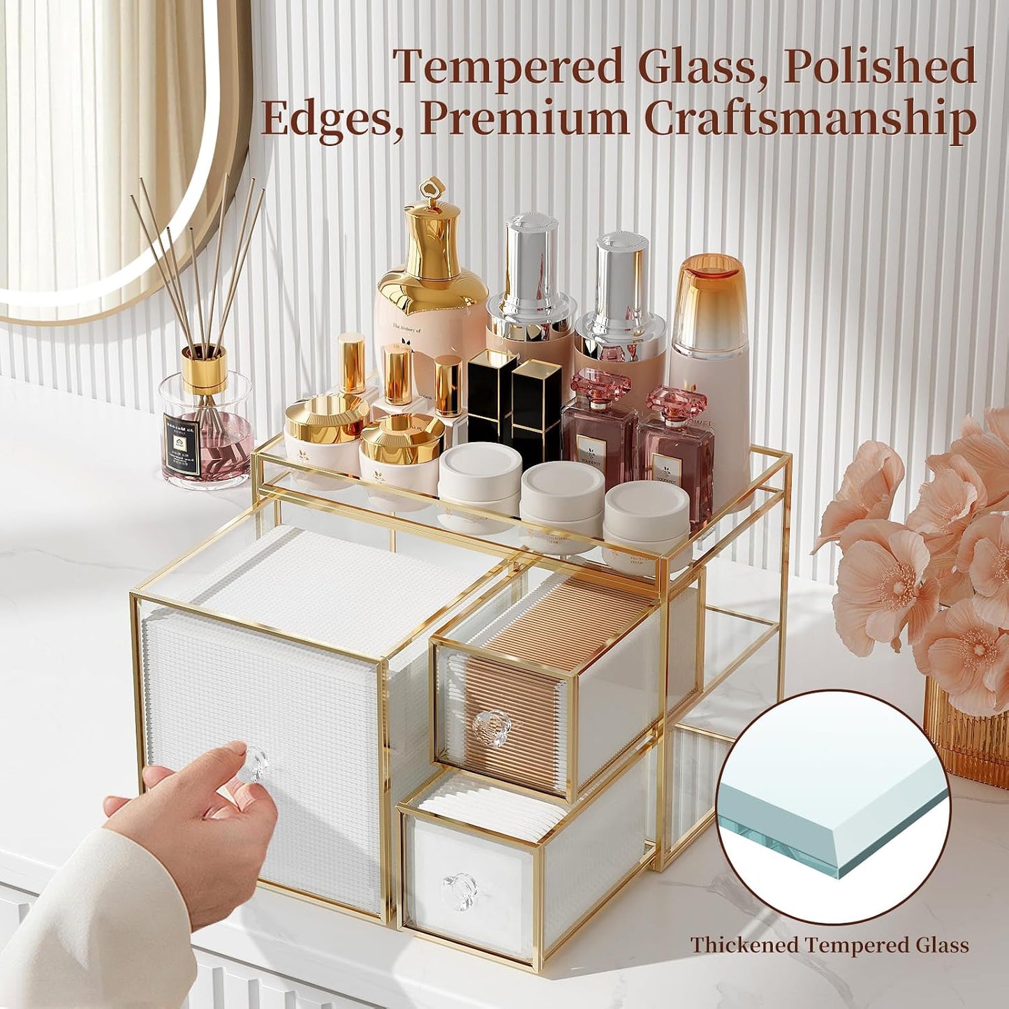 Clear Makeup Organizer Countertop with Gold Frame for Vanity Skincare + Tempered Glass Disposable Face Towel Holder with 3 Drawers for Bathroom Storage