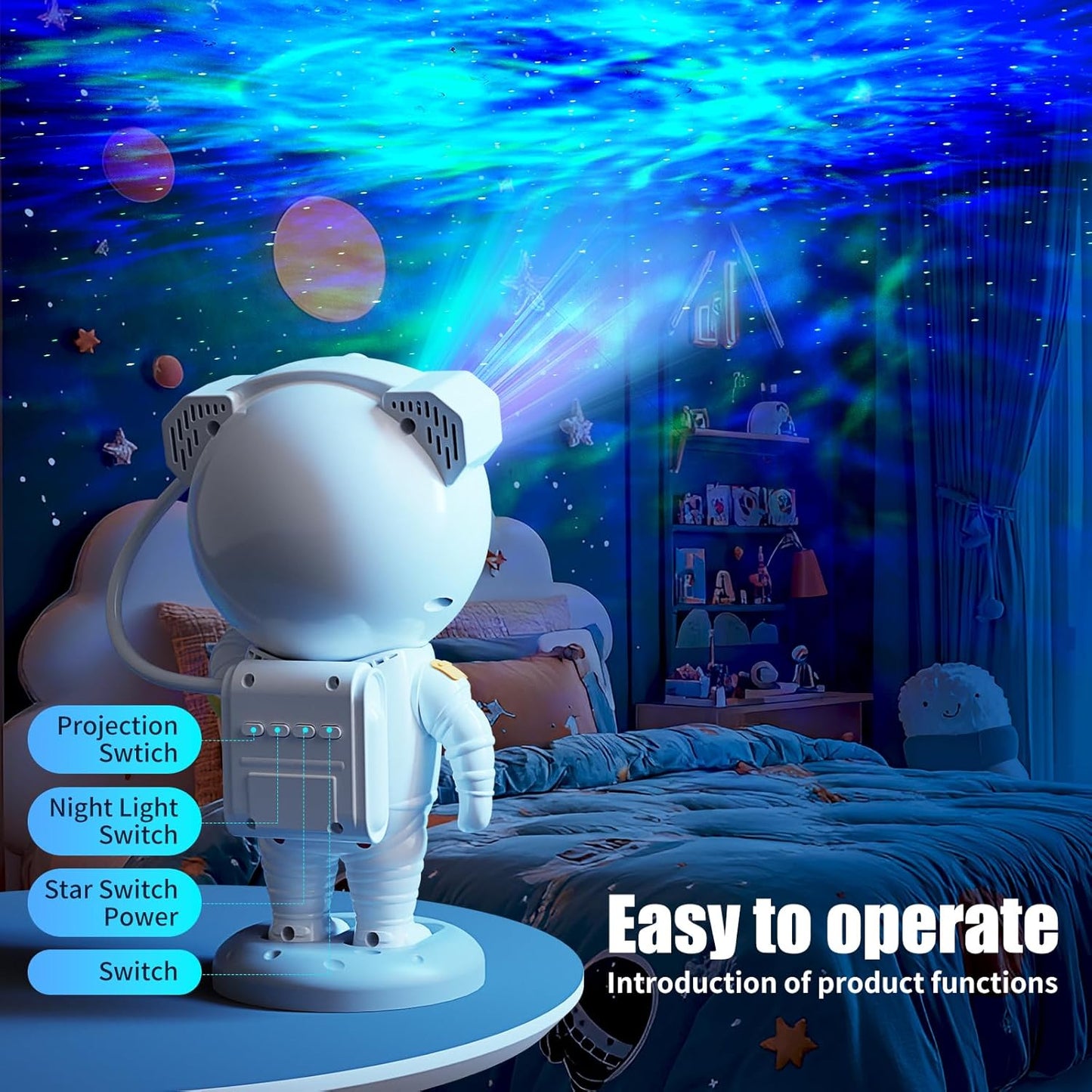 Astronaut Galaxy Projector,Space Projector,With Bluetooth Speaker and Remote Control,360° Adjustable Angle,Spaceman Star Kids Night Light, for Bedroom Ceiling Adult Birthday Valentine'S Day (White)