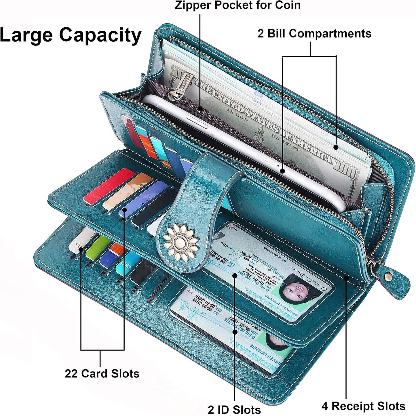Womens Large Capacity Genuine Leather RFID Blocking Wallets Wristlet Clutch Card Holder