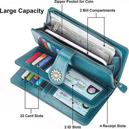 Womens Large Capacity Genuine Leather RFID Blocking Wallets Wristlet Clutch Card Holder