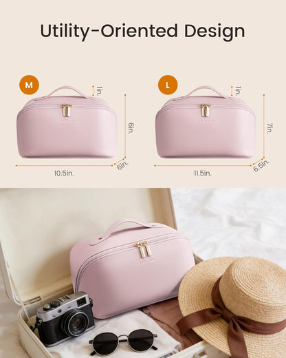 Travel Makeup Bag for Women, 2Pcs Large Capacity Cosmetic Organizer Bag, Waterproof PU Leather, Flat Open Portable Small Toiletry Pouch for Skincare, Brushes & Travel Essentials