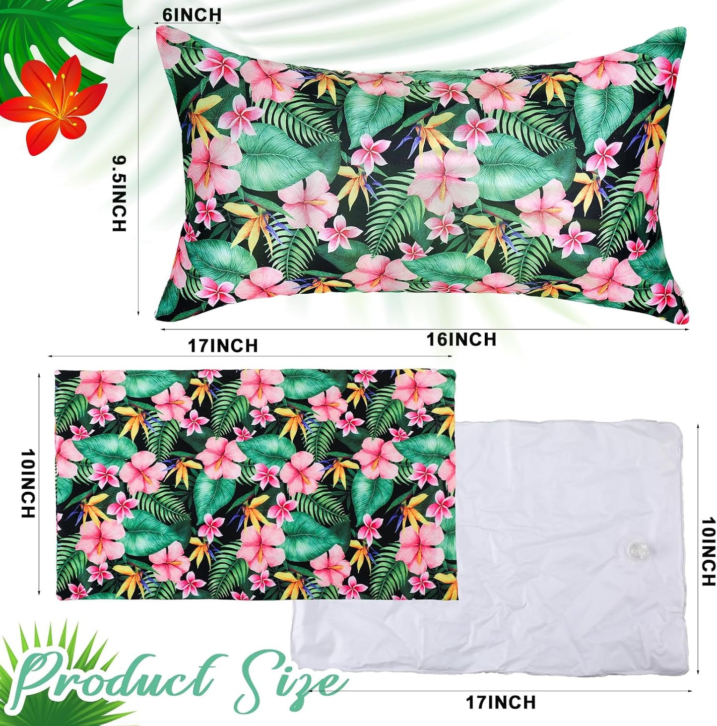 4 Pack Inflatable Beach Pillows with Removable Washable Covers Hawaii Tropical Style Portable Air Pillows for Vacation Sand Tanning Pool and Travel(Tropical Leaves)