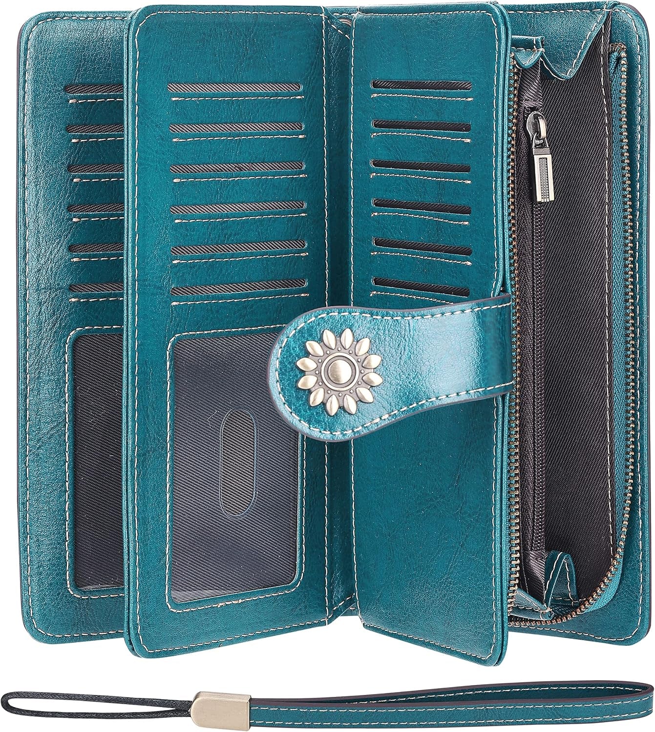 Womens Large Capacity Genuine Leather RFID Blocking Wallets Wristlet Clutch Card Holder