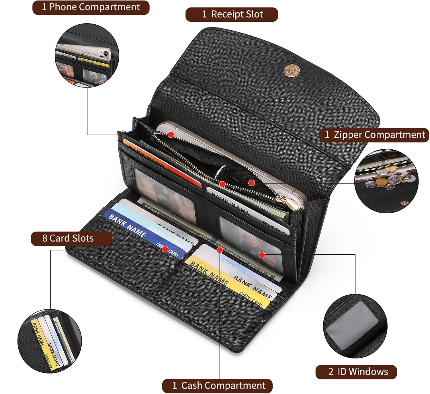 Womens Wallet Large Capacity Leather RFID Blocking Wallets for Women Clutch Credit Card Holder with Zipper Pocket