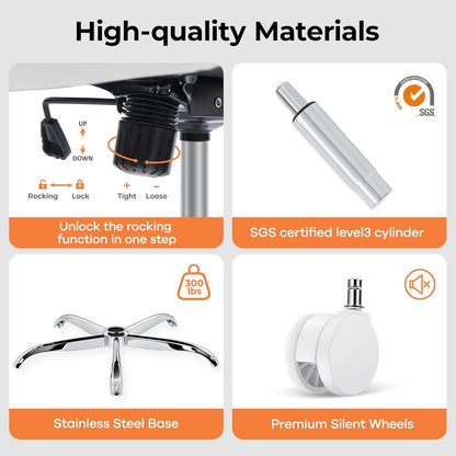 Office Chair Ergonomic Office Chair with Lumbar Support, Head Support, Rocking Function, Flip-Up Armrests, Mesh High Back Chair Home Office Desk Chair, Suitable for Home, Office, White