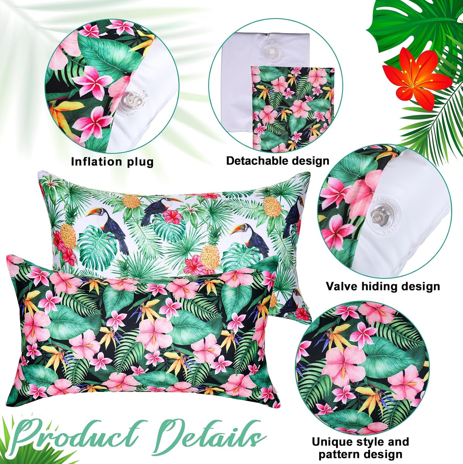 4 Pack Inflatable Beach Pillows with Removable Washable Covers Hawaii Tropical Style Portable Air Pillows for Vacation Sand Tanning Pool and Travel(Tropical Leaves)