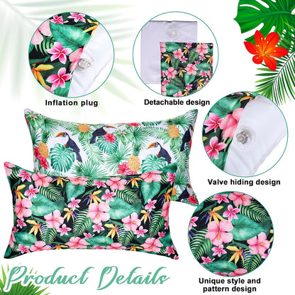 4 Pack Inflatable Beach Pillows with Removable Washable Covers Hawaii Tropical Style Portable Air Pillows for Vacation Sand Tanning Pool and Travel(Tropical Leaves)