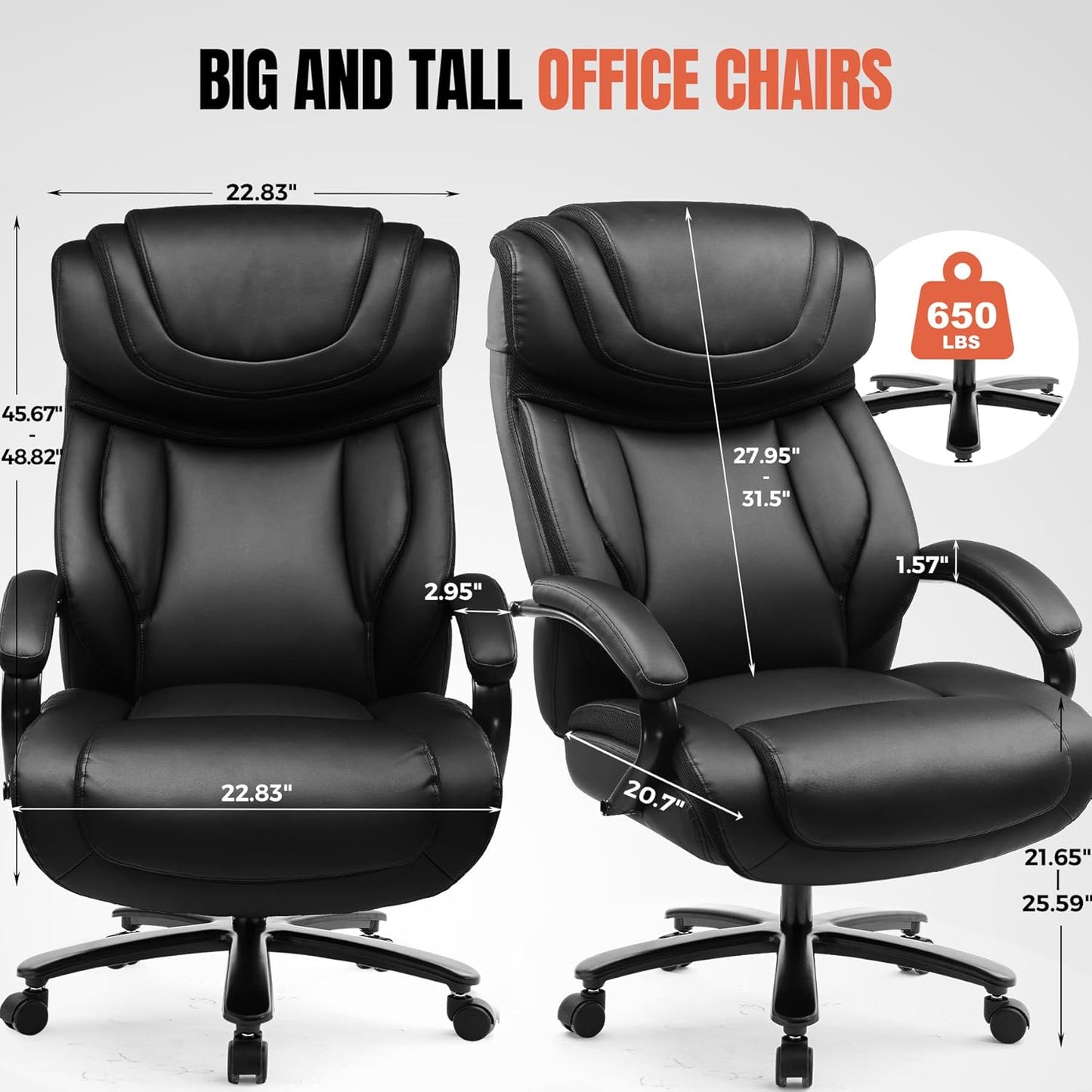 Big and Tall Office Chair 650Lbs Ergonomic Office Chair 6 Gear Adjustable Headrest Swivel Rocking Home Office Desk Chairs Leather High Back Executive Office Chairs with Thickened Armrests