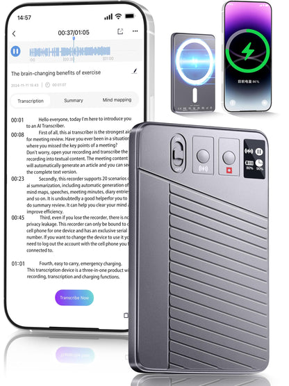 AI Voice Recorder - RecordTranscribeCharge 3 in 1Support 107 LanguagesAvoid Missing Meeting Highlights64 GBChatGPT Driven AI SummarizationApp ControlMind MappingBluetooth Distance 50ft