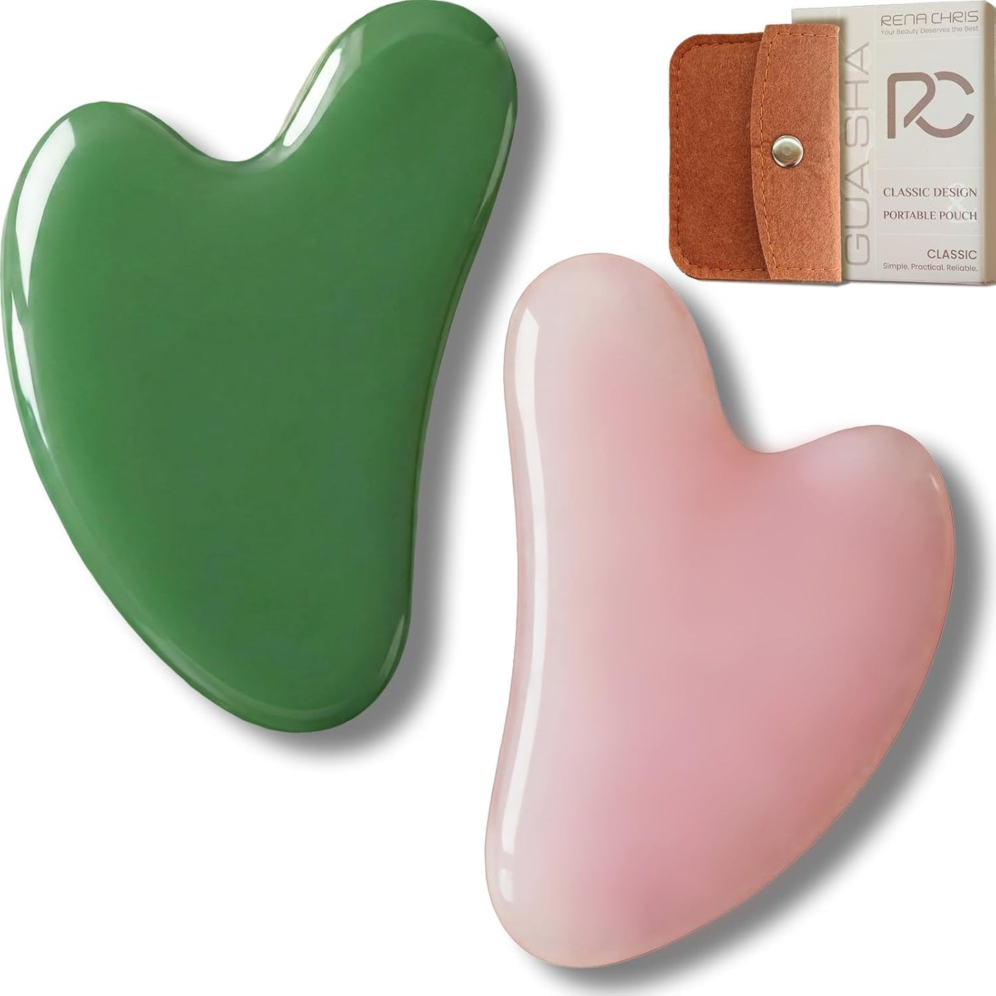 2PCS Gua Sha Facial Tools: Jade Stone Guasha Tool for Face Acupuncture Therapy, Facial Massager for Jawline Sculpting and Puffiness Reducing (Green & Pink)