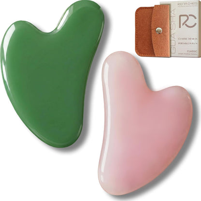 2PCS Gua Sha Facial Tools: Jade Stone Guasha Tool for Face Acupuncture Therapy, Facial Massager for Jawline Sculpting and Puffiness Reducing (Green & Pink)