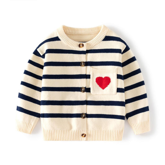 Generic Cute Striped Love Pocket Toddlers Boys Girls Sweater Long Sleeved Knitted Kids Cardigan Sweater Warm Clothing (US Age 4 Years 5 Years Beige)