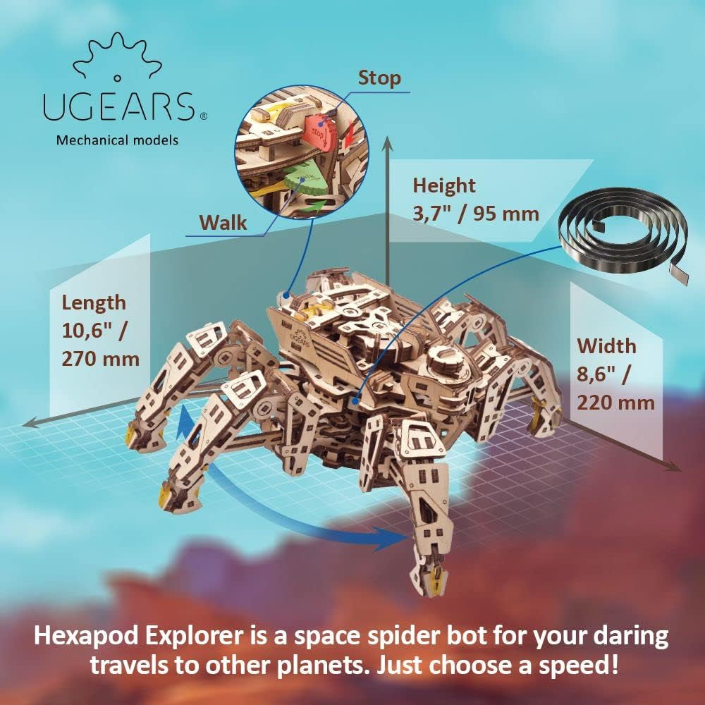 Hexapod Explorer 3D Puzzle - Walking Robot Wooden Model Kits for Adults to Build - Self-Propelled 6-Legged Mechanical Crawler Craft Kit - 3D Wooden Puzzles for Adults