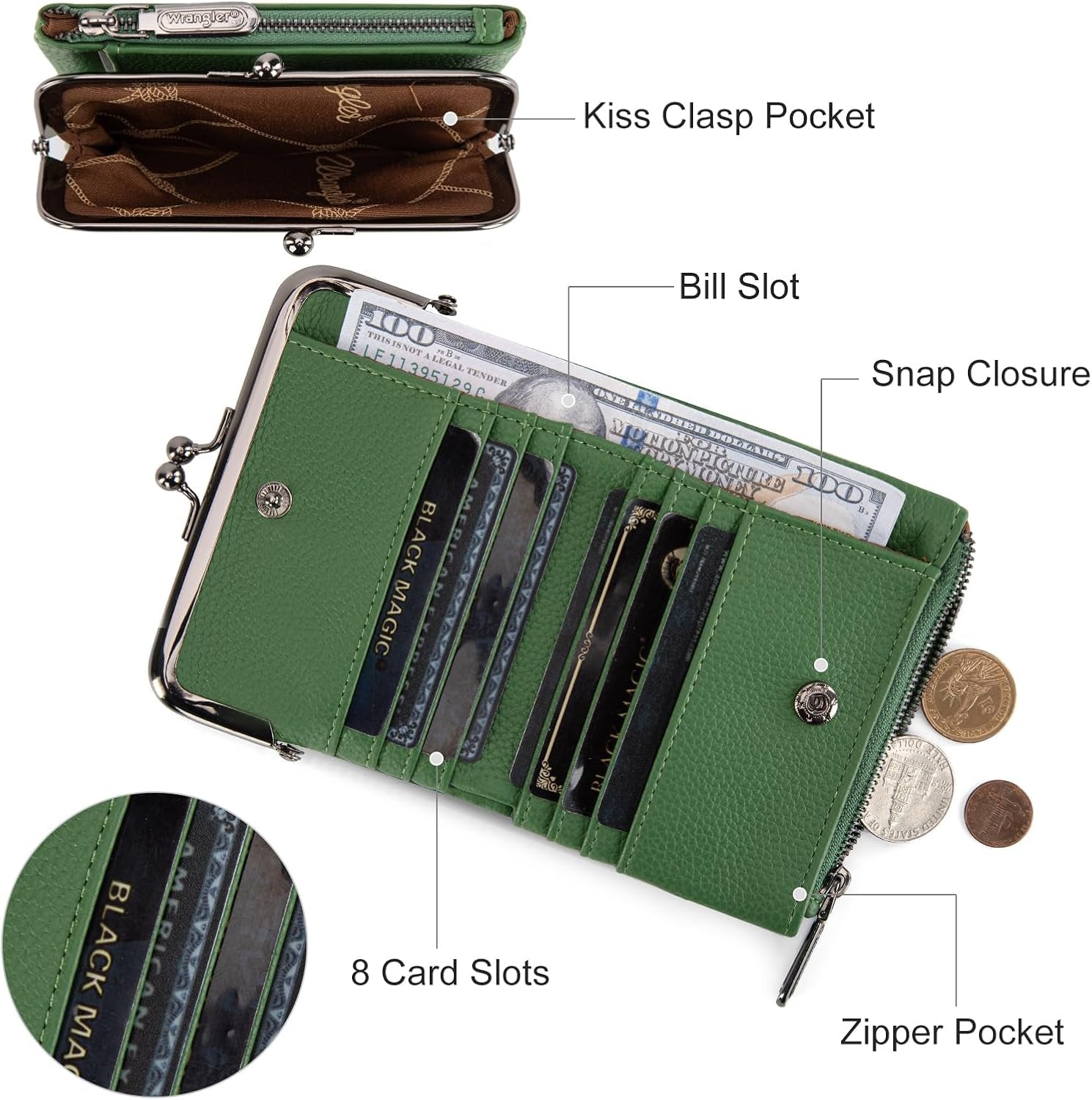 Wrangler Women'S Wallet RFID Blocking Wallets Small Bifold Credit Card Holder with Kiss Clasp Green