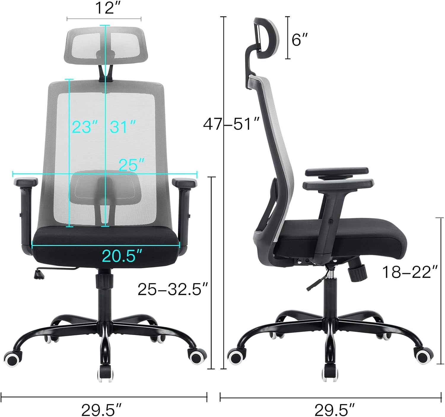 Ergonomic Office Chair, Gray Home Office Chair with Headrest Adjustable