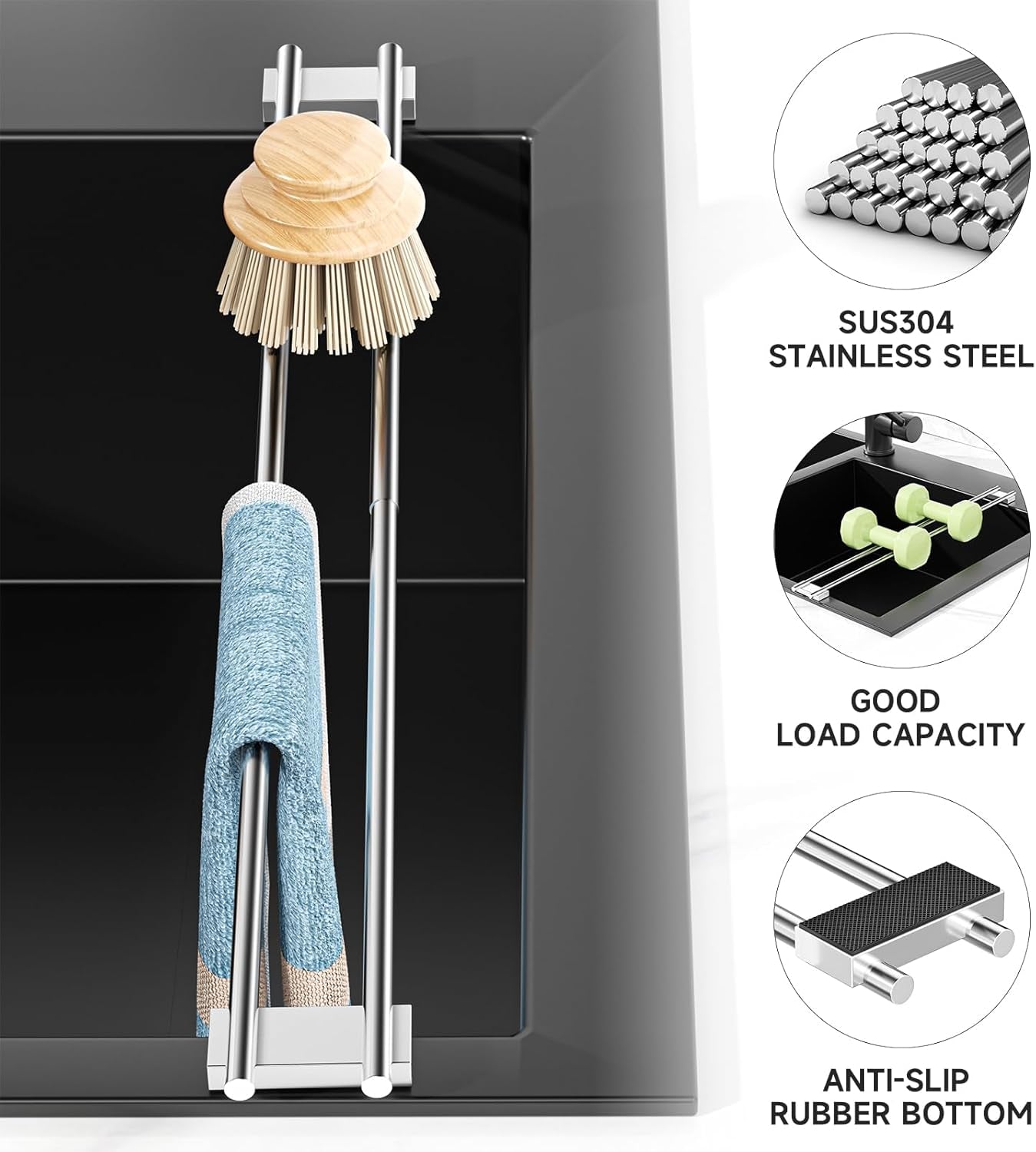 Dish Cloth Holder for Kitchen Sink, Adjustable Over-The-Sink Dish Rag Rack, Metal Kitchen Racks Sink Brush Holder, Drying Rack for Dishcloths, Sponges, Brushes, and Bottles (1, Sliver)