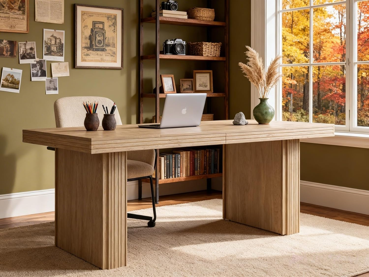 Tribesigns Modern Office Desk, Home Office Table with Wide Fluted Legs, Modern Desk for Home Office, Natural