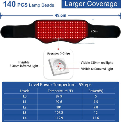 Red Light Therapy Belt, 140 Leds 630/660/850Nm Infrared Light Therapy with Compression Strap, Red Light Therapy for Body, Back, Shoulder & Waist Comfort and Relief