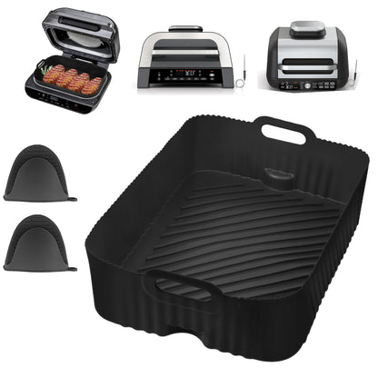 Fioxcomko Silicone Air Fryer Liner with Gloves for Ninja FG551/DG551/IG651 Smart Xl Indoor Grill Rectangular Air Fryer Liners Reusable Air Fryer Basket Liners Ninja Foodi Grill Accessories