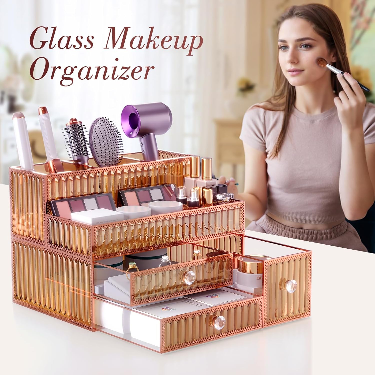Youdepot Tempered Glass Makeup Organizer Countertop for Vanity & Skincare + 5-Drawer Glass Jewelry Box Organizer for Women with Velvet Storage