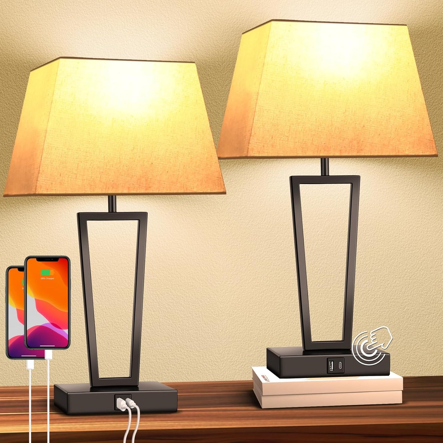 Hotel Style Modern Bedside Lamps Set of 2,Touch Control &3-Way Dimmable,Black Geometric Table Lamps with USB-C & USB-A Charging Ports for Bedroom,Nightstands,Living Room (2 Bulbs Included)