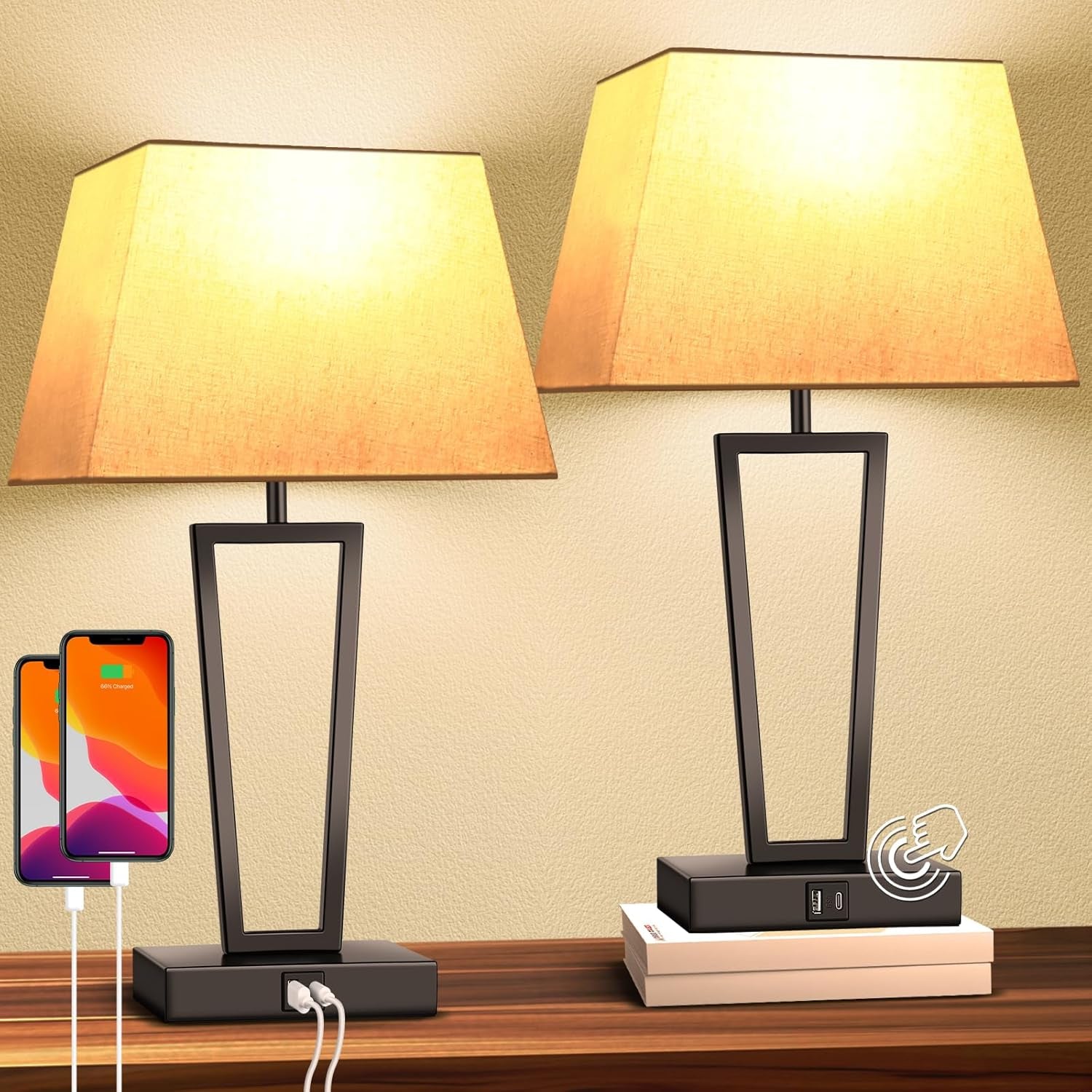 Hotel Style Modern Bedside Lamps Set of 2,Touch Control &3-Way Dimmable,Black Geometric Table Lamps with USB-C & USB-A Charging Ports for Bedroom,Nightstands,Living Room (2 Bulbs Included)
