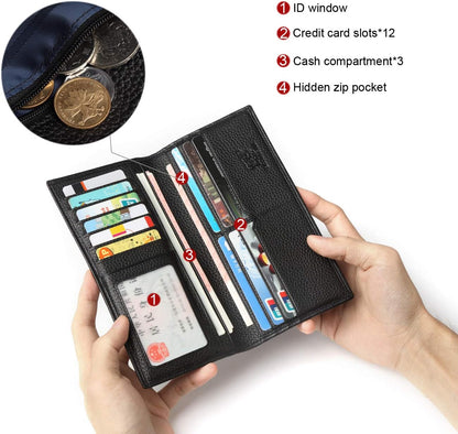 RFID Bifold Wallets Slim Credit Card Wallet Real Leather Mens Long Wallet with Zipper Coin Pocket