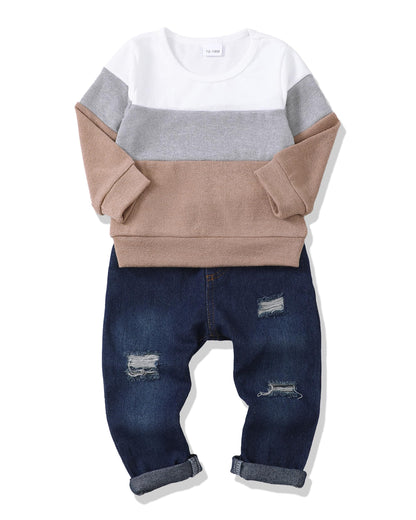 4T Boys Clothes Toddler Boy Clothes 5T Boy Outfits Kids Winter Splice Khaki Color Block Long Sleeve Boys Sweatshirt Denim Pants Fall Jeans 4 5 Year old Clothing