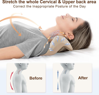 Neck and Shoulder Relaxer with Upper Back Massage Point, Cervical Traction Device Neck Stretcher for TMJ Pain Relief and Cervical Spine Alignment Chiropractic Pillow (Ivory)
